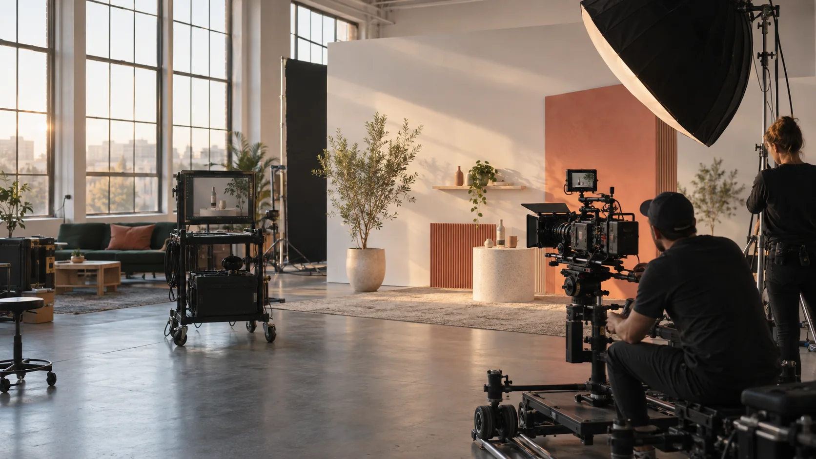 Commercial video production set in a daylight studio
