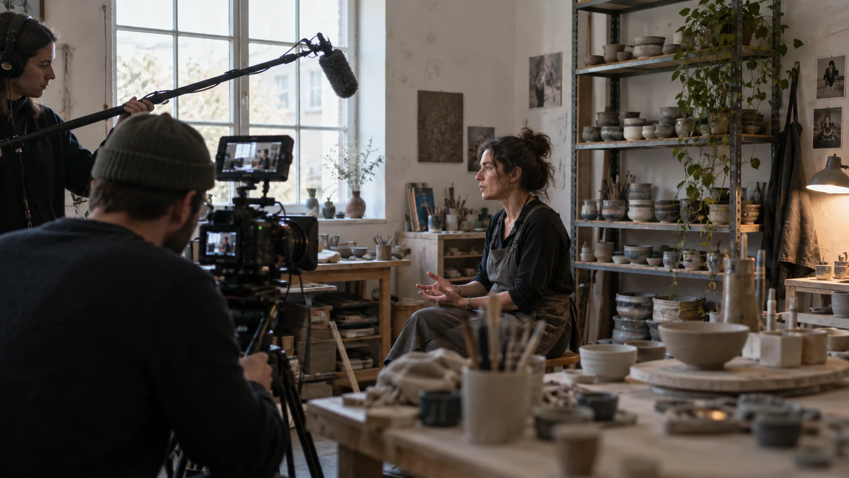 Documentary interview filmed in a ceramic workshop