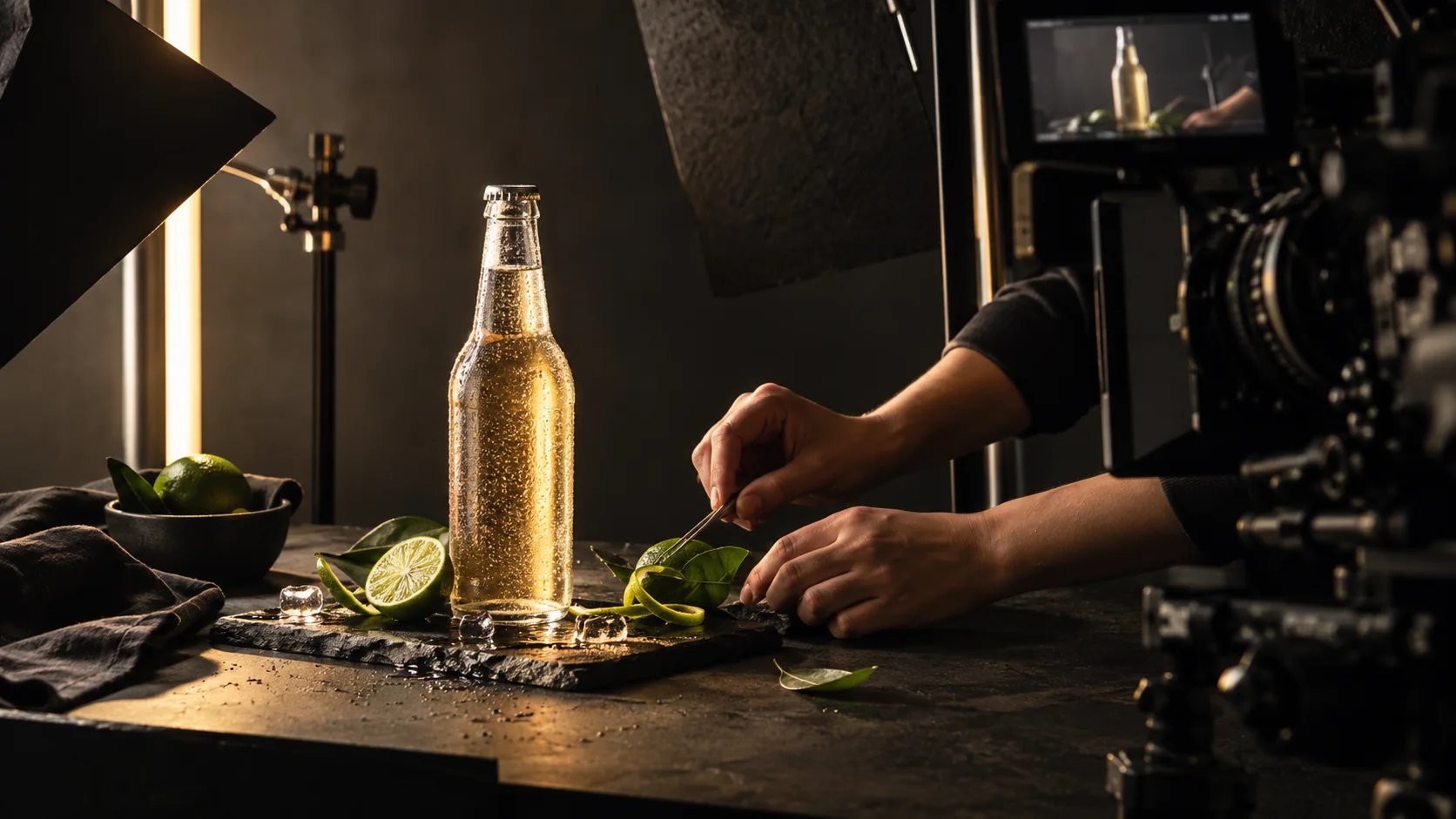 Studio product video shoot with a glass bottle