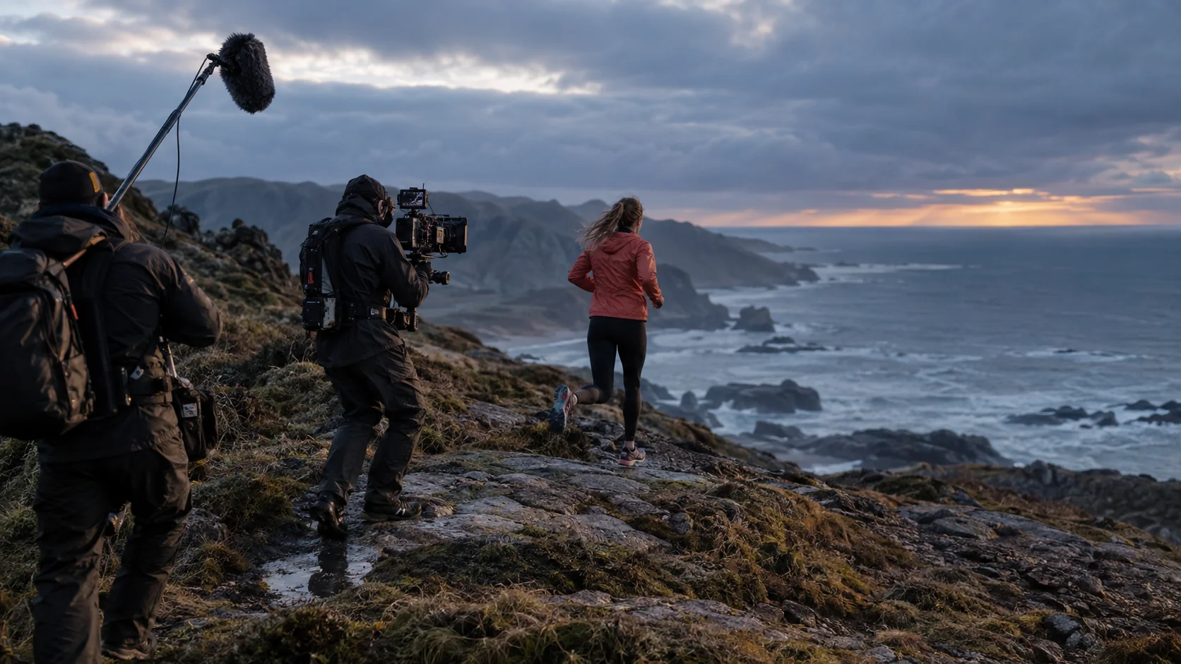 A film crew working on a rugged coast